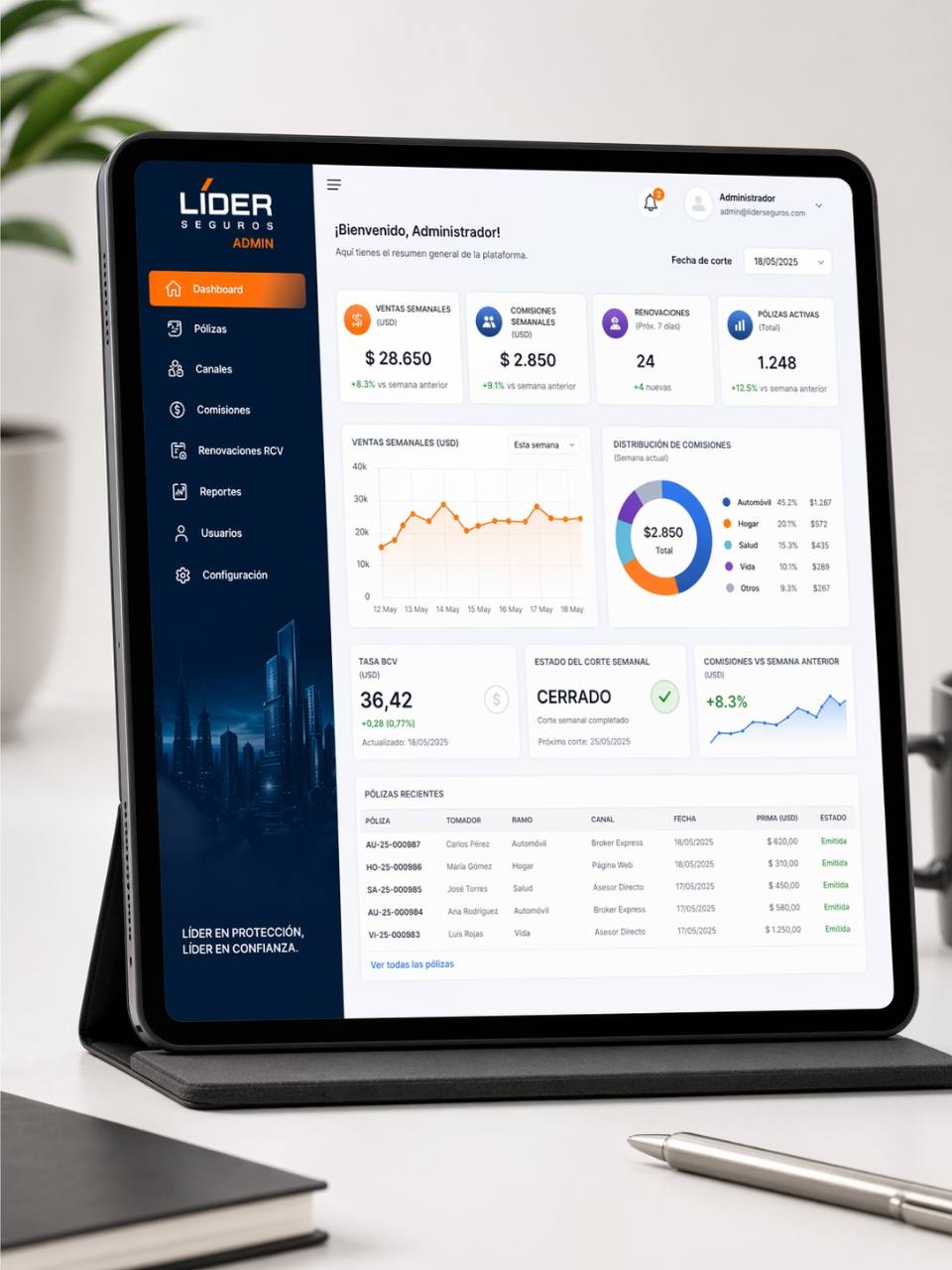 Sistema administrativo de Líder Seguros adaptado a una tablet